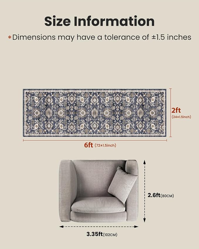 AMADA HOMEFURNISHING 2x6 Washable Runner Rug, Low-Profile Kitchen Rugs with Non-Slip Backing & Durable Edge Binding, Vintage Entryway Runner Rug for Bedroom & Hallway