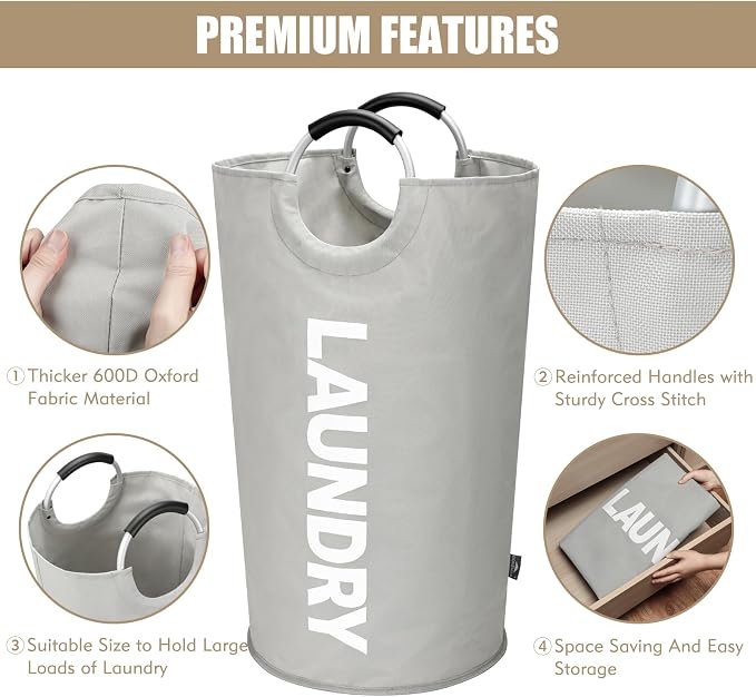 DOKEHOM 90L Large Laundry Basket Bag, Collapsible Tall Hamper, Grey | Freestanding tall washing bin & foldable laundry bag. High-capacity clothes storage basket with durable sturdy handles