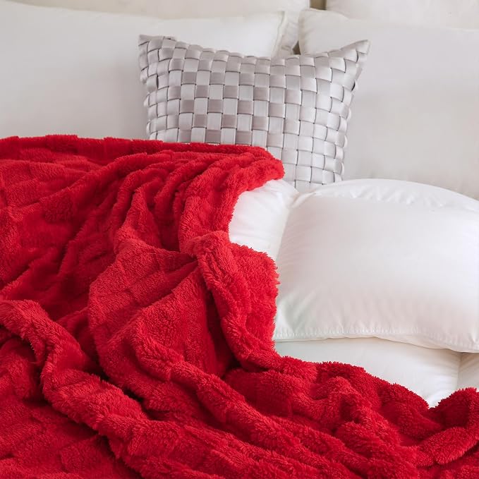 Red Fleece Throw Blanket 50”×60”Checkered Design for Couch Sofa | Super Soft Cozy Plush Microfiber 3D Square Pattern Flannel Blanket for bed Lightweight for Adults,Women