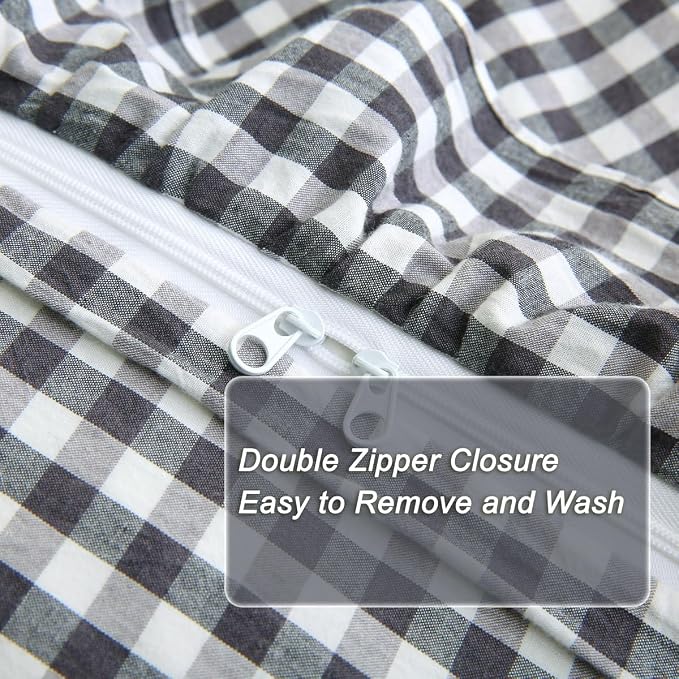 Silnuo Black/White Gingham Plaid Ruffle 3-Piece Duvet Cover Set Twin Size | 100% Washed Cotton Shabby Checkered Bedding Set Farmhouse Comforter Cover Set(Twin,Black/White)