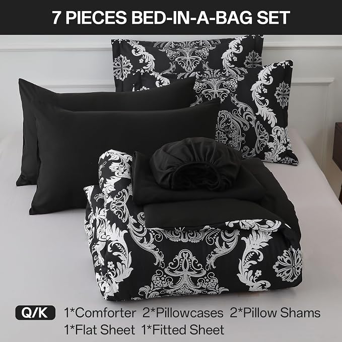 WONGS BEDDING 7 Pieces Comforter Set King Size, Black White Texture Bedding Set for All Season, Damask Soft and Breathable Bed in a Bag with Comforter, Flat Sheet, Fitted Sheet, Pillowcases & Shams