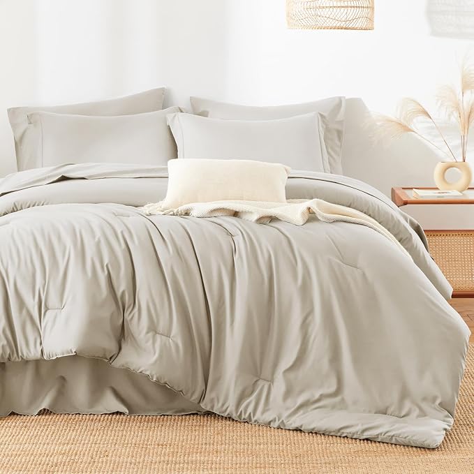 HIMEET King Comforter Set, 7-Piece Point-Quilted Bed in a Bag, Beige | OEKO-TEX Certified, Lightweight 240 GSM Comforter, Flat Sheet, 14-Inch Deep-Pocket Fitted Sheet, Pillowcases & Shams