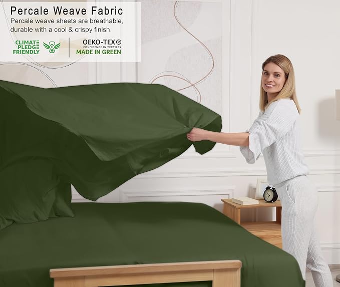 RUVANTI 100% Cotton Percale Sheets Queen Size, Chive | Crisp Cooling, Deep Pocket 16", Soft Breathable & Durable, Hotel-Style, 4 Piece Set