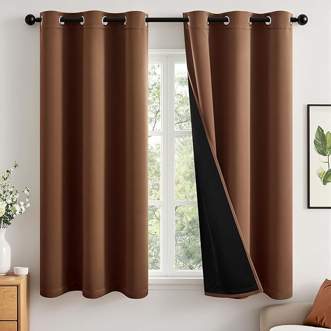 MIULEE 100% Blackout Curtains for Bedroom 40x54 Inch Length Mocha Brown | 2 Thick Layers Thermal Insulated Short Curtains with Black Liner, Noise Reducing Grommet, Drapes for Living Room, 2 Panels