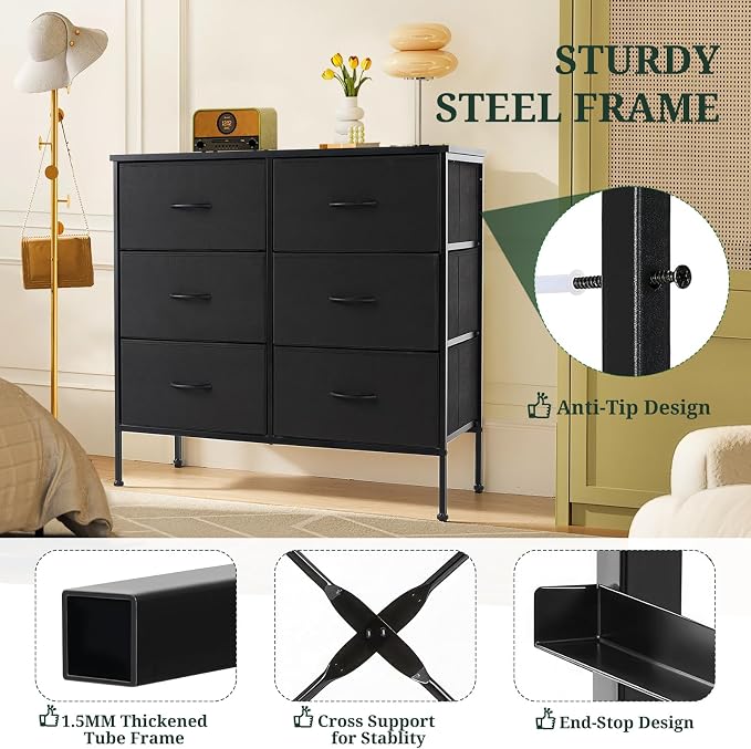 6-Drawer Dresser for Bedroom, Anti-Tip Wide Storage Organizer | Chest of Drawers with Wooden Top and Metal Frame Fabric Bins for Closet, Living Room, Hallway, Entryway, Black