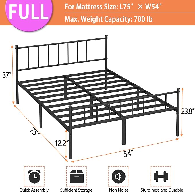DIIYIV Full Metal Bed Frame,Steel Slat Support,Noise Free,Easy Assembly | Full Size Bed,Mattress Foundation,Underbed Storage,No Box Spring Needed