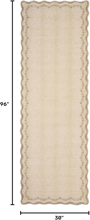 GarveeHome 2.5x8 Scalloped Washable Runner Rug Non Slip Hallway Kitchen Rug | Soft Long Hall Runner Jute Tan Entryway Rug Farmhouse Thin Laundry Mat Stain Resistant Carpet for Bathroom Beside Rug