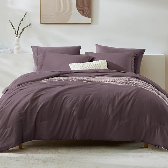 King Size Comforter Set- 7 Pieces Prewashed Bed in a Bag King Bedding Sets | Soft All Season Comforter with Sheets, Pillow Shams & Pillowcases,Artic Plum