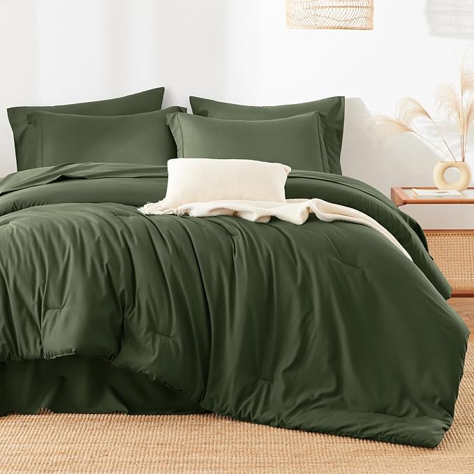 HIMEET King Comforter Set, 7-Piece Point-Quilted Bed in a Bag, Olive Green | OEKO-TEX Certified, Lightweight 240 GSM Comforter, Flat Sheet, 14-Inch Deep-Pocket Fitted Sheet, Pillowcases & Shams