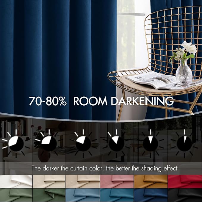 MIULEE Velvet Curtains 50W x 84L 2 Panels Navy Blue Blackout Curtains | Luxury velvet fabric, pinch pleat design, back tab hooks, thermal insulated, blackout light blocking, for living room bedroom