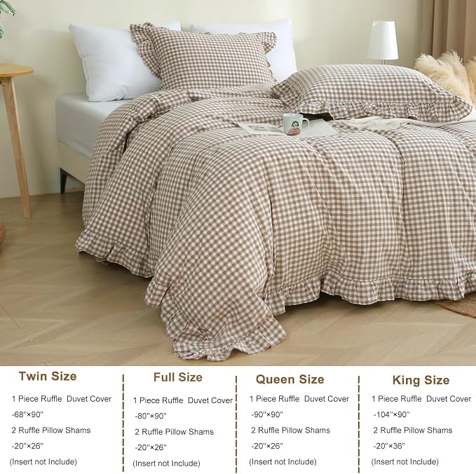Silnuo Taupe/White Plaid Gingham Ruffle Duvet Cover Set Full Size | 100% Washed Cotton 3 Piece Vintage Checkered Chic Bedding Set Comforter Cover Set