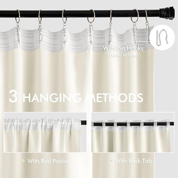 MIULEE Cream Back Tab Blackout Curtains 52x72 Inches Long 2 Panels Set | Rod Pocket Pinch Pleated, Thermal Insulated, Room Darkening, Light Blocking, Privacy Curtains for Living Room Bedroom