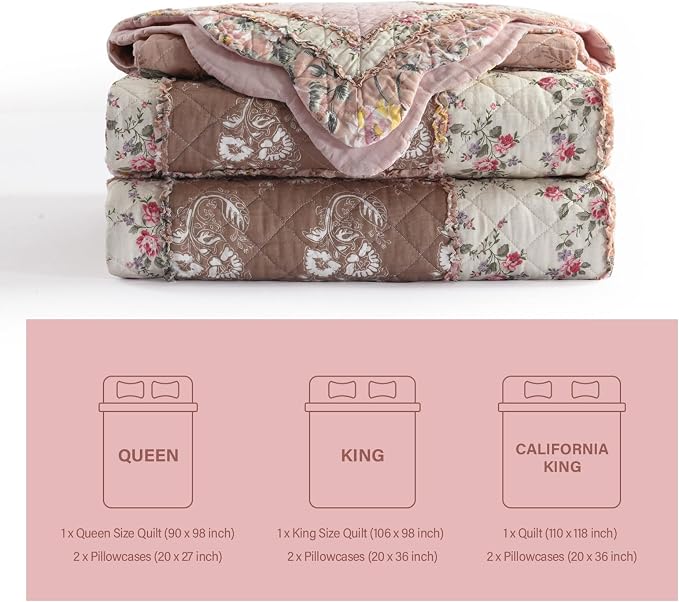 Quilt Set Queen Size, Cotton Patchwork Pink Floral Quilt Sets, Real Stitched Embroidery Bedspread Lightweight and Breathable for All Seasons, Soft Quilted with 2 Pillow Shams