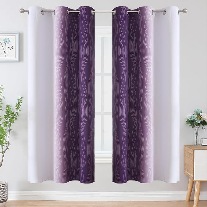 Purple and Greyish White Ombre Blackout Curtains for Bedroom 72 Inches Long | Estelar Textiler Living Room Darkening Gradient Curtain,Light Blocking,Thermal Insulated Grommet Window Drapes,42x72,2 Panels