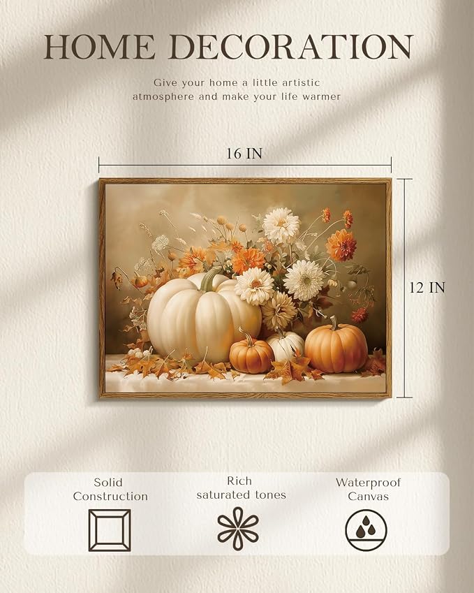 Vintage Thanksgiving Canvas Print White Orange Pumpkins Autumn Floral Leaves, Rustic Framed Fall Pumpkin Flower Still Life Wall Art 12x16", Harvest Farmhouse Kitchen Entryway Décor