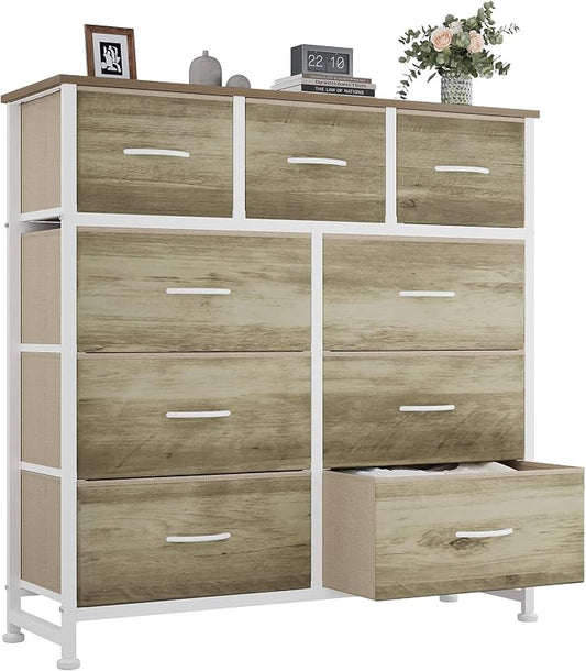 OLIXIS 9 Drawer Tall Dresser for Bedroom, Closet Organizers and Storage | Fabric Dresser with Wooden Top, Chest of Drawers for Clothes Storage, Tower Cabinet, Furniture, TV Stand, Oak Greige