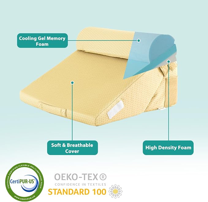 Adjustable 3pcs Bed Wedge Pillow Set, Memory Foam Wedge Pillows Post Surgery for Back, Neck, Leg Pain Relief, Pillow Wedge for Sleeping, Sitting up in Bed, Acid Reflux and GERD, Beige Yellow
