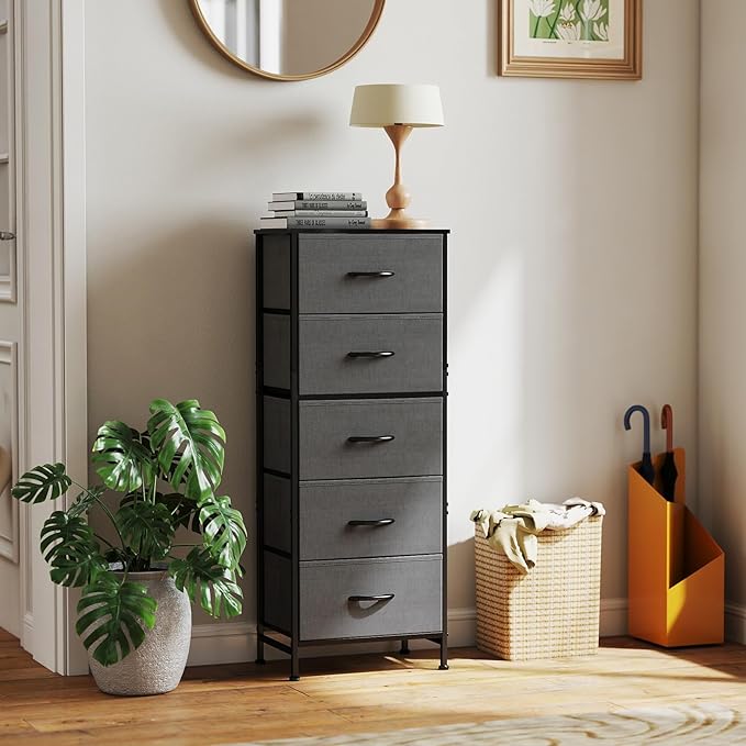 DUMOS Nightstand with 5 Drawers, Bedside Table with Removable Fabric Bins, Sturdy Steel Frame Wood Skinny Dresser Furniture for Bedroom Closet Living Room, Grey