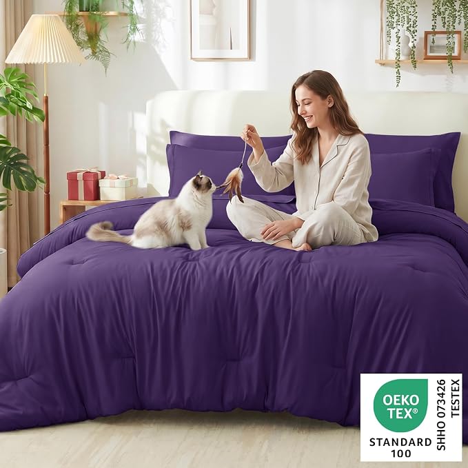 Queen Comforter Set Purple, 7 Pieces Bed in a Bag | OEKO-TEX Certified, All-Season, Bedroom, 240GSM Down Alternative Comforter, Flat & Fitted Sheets, 2 Pillowcases & 2 Shams