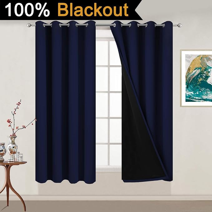 Yakamok Navy Blue 100% Blackout Curtains 54 Inches Long 52" Wide, 2 Panels | Blackout Curtain Panels for Bedroom, 2 Thick Layers Grommet Top Thermal Insulated Drapes with Black Liner for Living Room