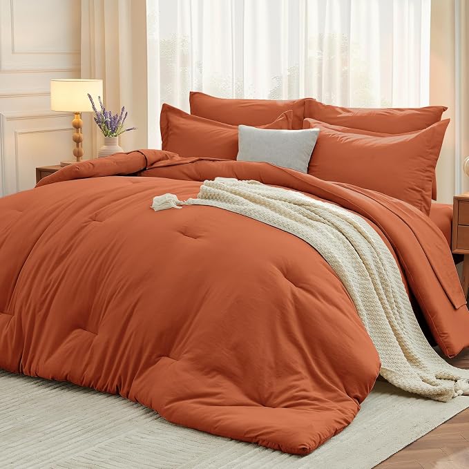 5 Pieces Twin Comforter Set, Soft Bed in a Bag Twin Size, All Season Bedding Set with Comforter, Flat Sheet, Fitted Sheet, Pillowcases & Shams, Burnt Orange