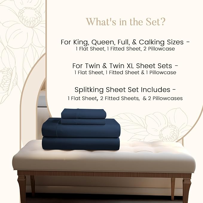 Egyptian Cotton Sheets Queen Size Set, 800TC Queen Sheets Set - Dark Denim | 15" Deep Pocket, Breathable & Cooling, Sateen Weave 4-Piece fully elasticized Sheet & Pillowcase Sets, OEKO-TEX Certified