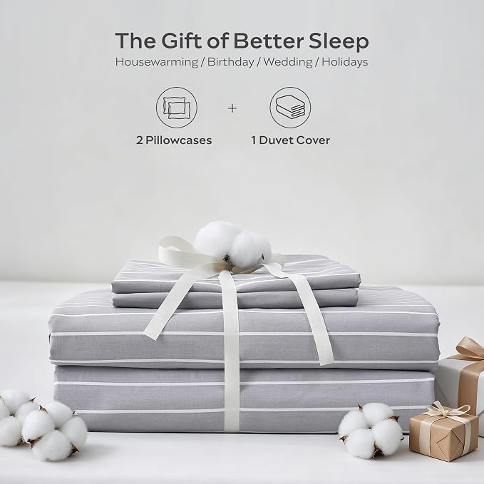 JELLYMONI 100% Cotton Wide Striped Full Duvet Cover Set, Gray/White | Classic Stripes, 8 Corner Ties & Double-Head Hidden Zipper, Breathable and Soft, For Guest Room