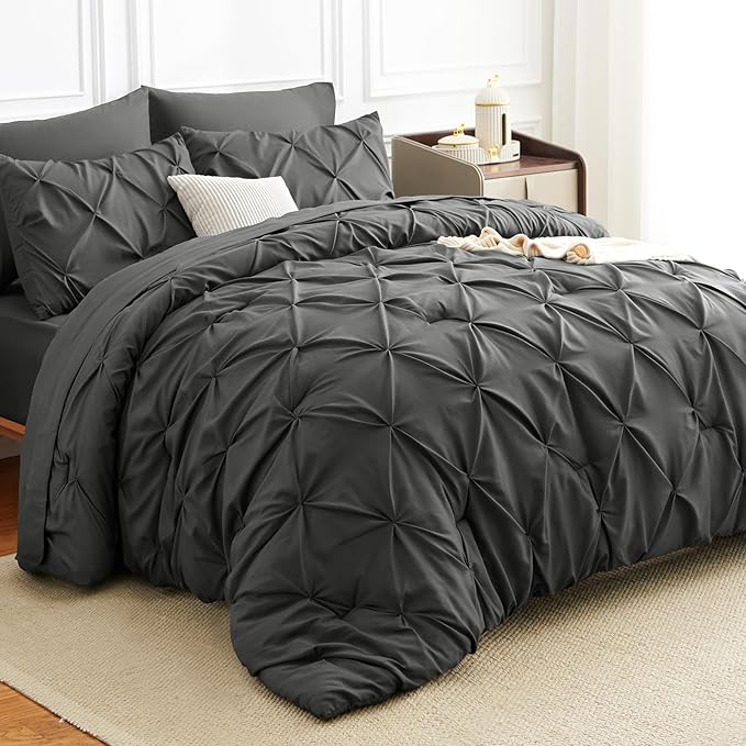 HIMEET Oversized Queen Comforter Set Dark Grey - 7 Pieces Bed in a Bag | OEKO-TEX Certified, 240GSM Down Alternative Comforter, 14" Deep Pocket Fitted Sheet + Flat Sheet + 2 Pillowcases + 2 Shams