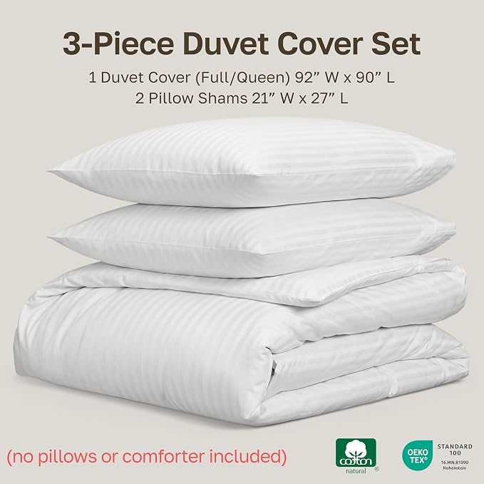 California Design Den Luxury Duvet Cover Set Queen, Striped White | Soft 400 Thread Count 100% Cotton Sateen Backed by GH Seal, Duvet Cover & Pillow Sham 3 Pc Set, Button Closure & Corner Ties
