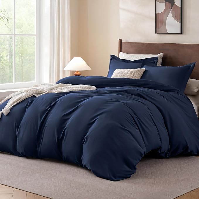 FreshCulture California King Duvet Cover - 3 Pieces Microfiber Duvet Cover Set with Zipper Closure - Lightweight & Easy Care - 1 Comforter Cover & 2 Pillow Shams - Comforter Not Included (Navy)