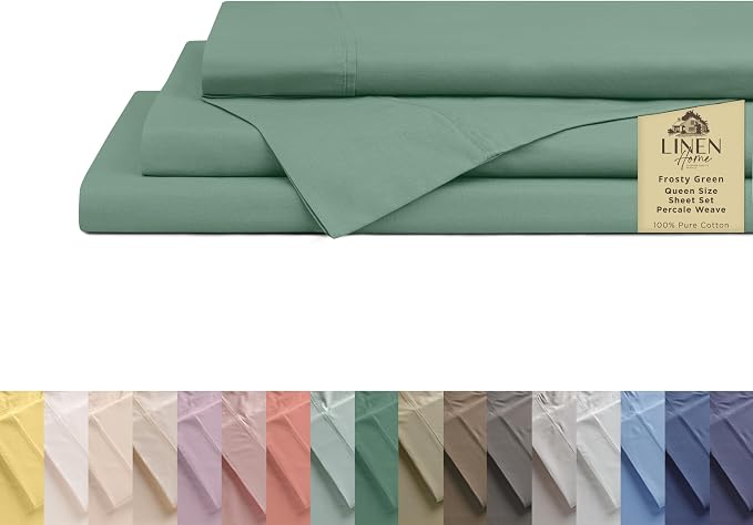 Linen Home 100% Cotton Percale Sheets Queen Size, Frosty Green, Deep Pocket, 4 Pieces Set- 1 Flat, 1 Fitted and 2 Pillowcases, Crisp Cool and Long Staple Strong Bed Linen