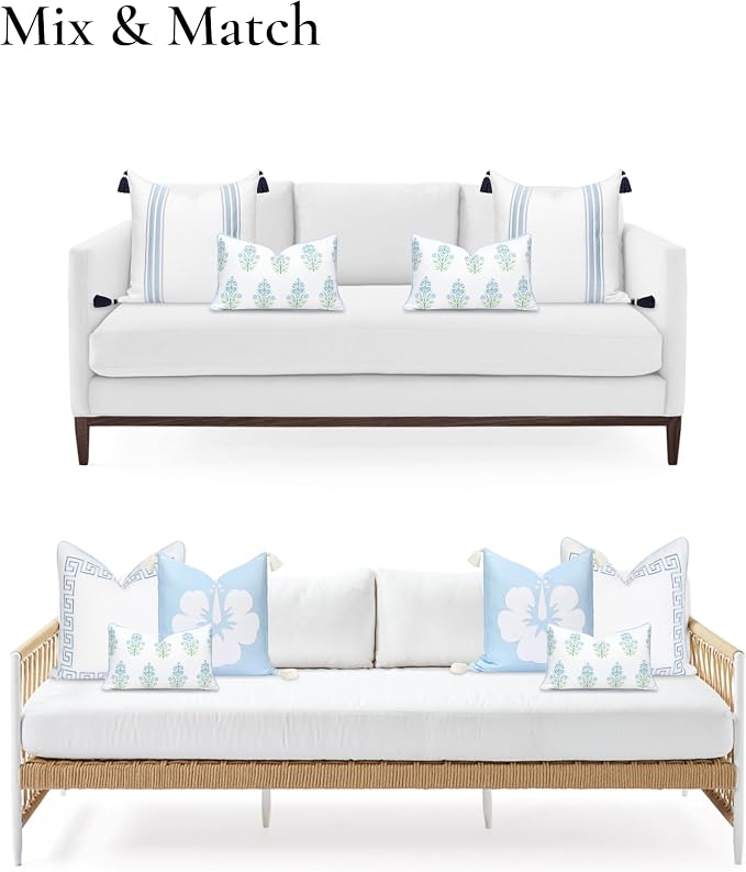 Hofdeco Premium Coastal Patio Indoor Outdoor Lumbar Pillow Cover Only, 12"x20" Water Repellent for Backyard, Couch, Baby Blue Green Floral with Piping