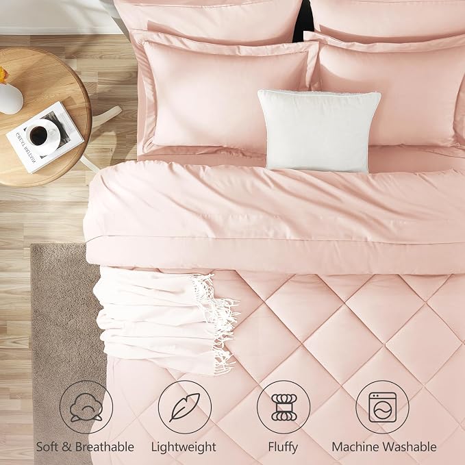 Full Size Comforter Sets Blush Pink - 7 Pieces Complete Bedding Set | OEKO-TEX Certified, All Season, 240GSM Down-Alternative Comforter, Sheets, Pillowcases & Shams, 14" Deep Pocket, Easy Care