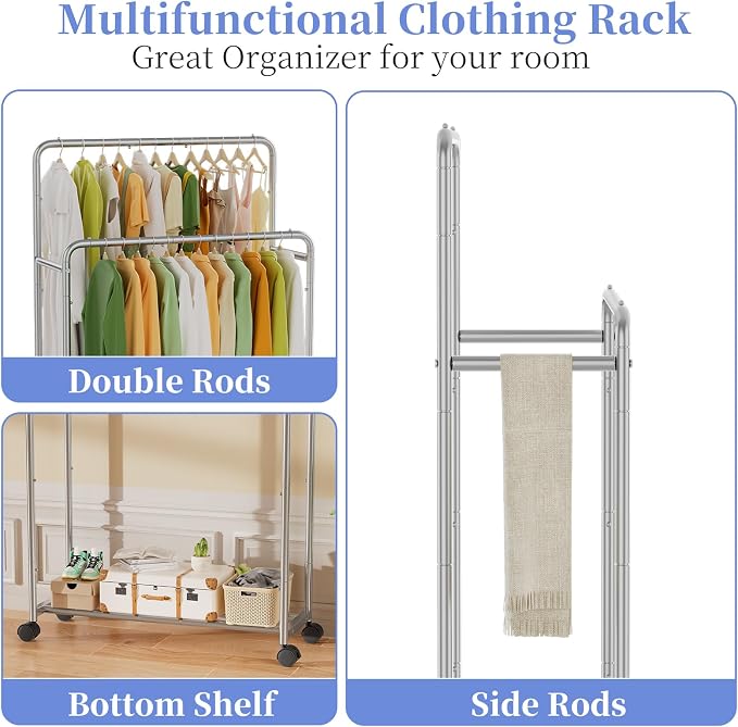 Simple Trending Clothing Clothes Rack, Double Rod Garment Rack, Silver | Portable Closet with Bottom Shelf, Anti-Slip Stoppers, 360° Lockable Wheels, Multiple Uses, Bedroom, Laundry Room
