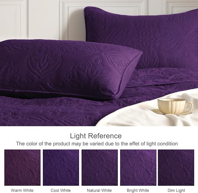 Whale Flotilla Queen Quilt Bedding Set Vintage Damask Reversible Bedspread | Suitable for Bed, 3 Pieces Purple Lightweight Breathable Quilts Queen Size, Ultrasonic Coverlet Bed Cover with 2 Pillow Shams