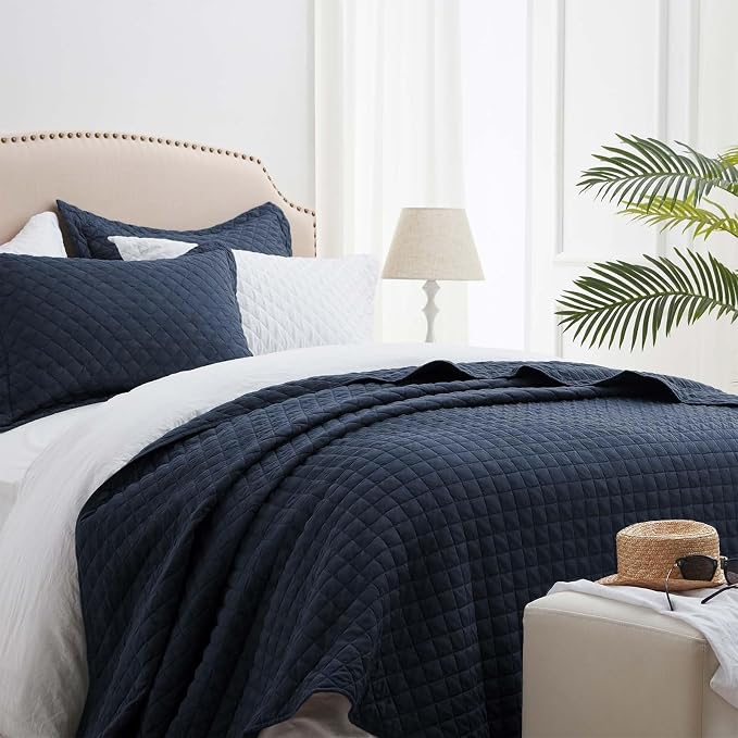SunStyle Home King Quilt Bedding Set, Lightweight Summer Bedspreads,Navy | Soft Coverlet With 2 Pillow Shams,Morden Style Quilts for All Season,Suitable for Bed,Couch,Bedroom,Guest Room,106"X96"