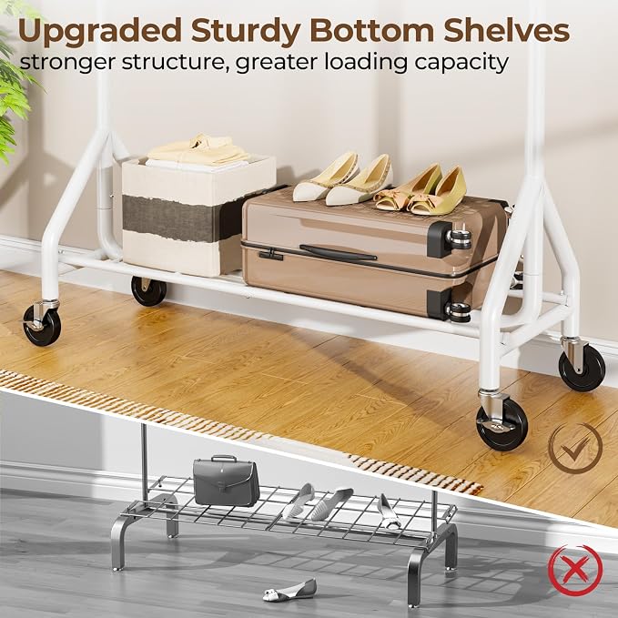 HYSEYY Heavy Duty Clothes Rack Load 450 LBS, Metal Garment Rack, Standing Rolling Clothing Rack for Hanging Clothes with Sturdy Wheels & Shelves, Portable Closet Wardrobe Rack,White