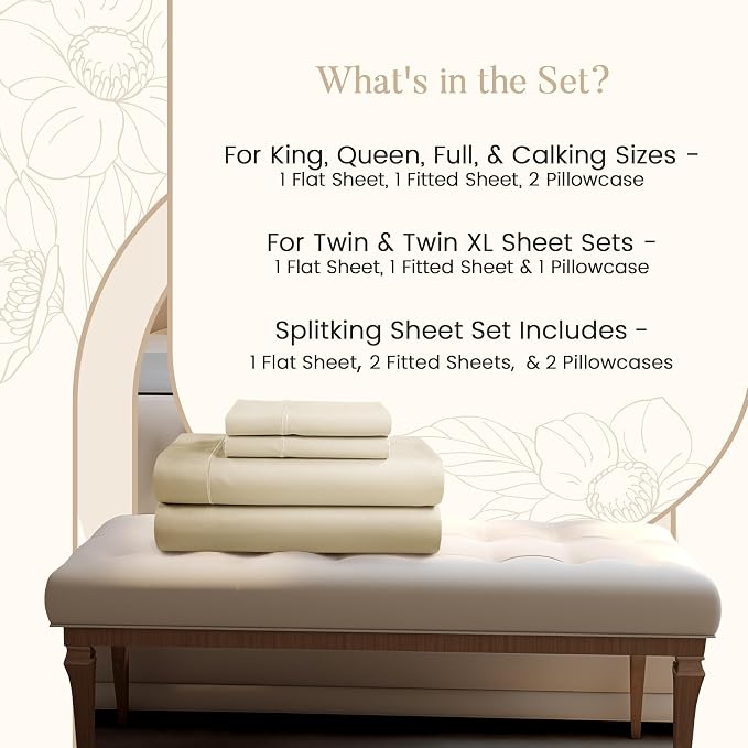 Twin XL 100% Cotton Sheets, 800 TC 3Piece Sheet & Pillowcase Sets- Ivory | Fully elasticized 15" Deep Pocket Sheets, Soft Sateen Weave Machine Washable, Naturally Cool & Breathable, OEKO TEX Certified