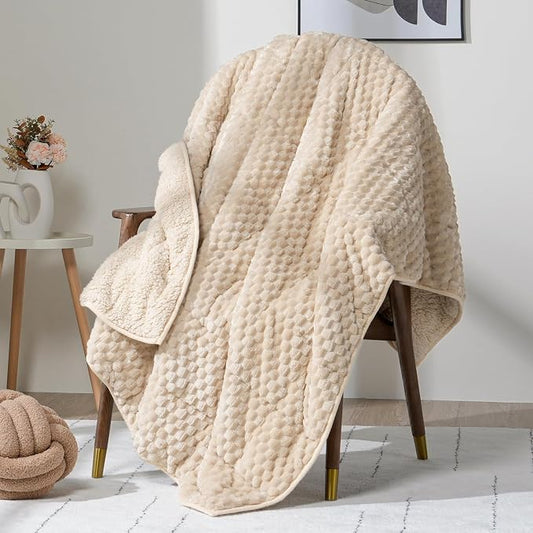 Fleece Weighted Blanket for Adults 48" x 72" 15lbs Fuzzy Blankets Khaki | Dual Sided Soft Sherpa Weighted Blankets, 3D Imitation Turtle Shell Warm Jacquard Flannel Heavy Blanket for Couch and Bed