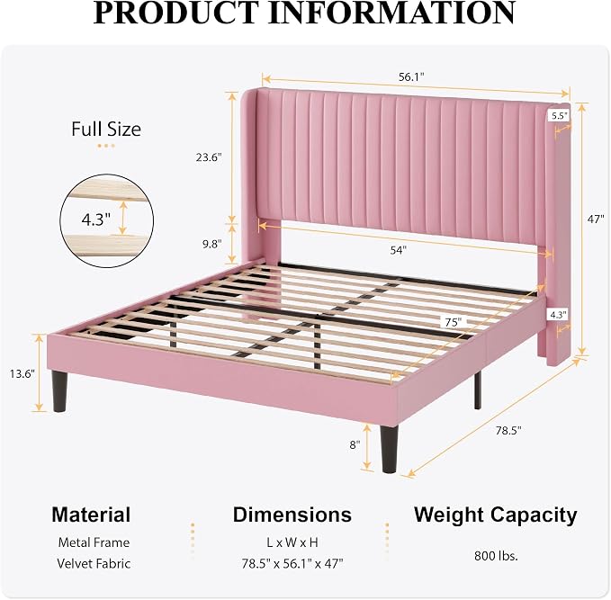 SHA CERLIN Full Size Velvet Bed Frame, Tufted Wingback Headboard, Pink | 47'' Modern Vertical Channel Headboard, Upholstered Platform Bed, Wood Slats, No Box Spring Needed, Easy Assembly, Noise Free