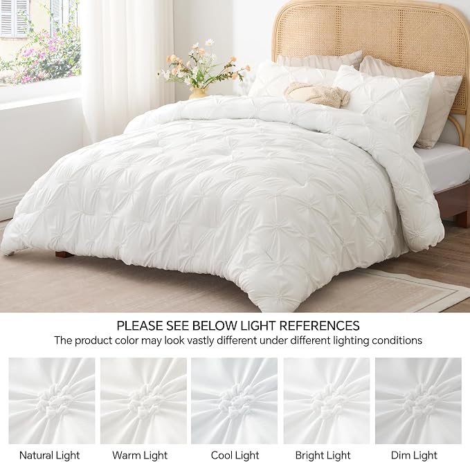 BEDELITE King Comforter Set White,Lightweight & Soft Comforter | Pintuck Boho Bedding, Warm & Cute Bed Set for All Season,With 2 Pillowcases
