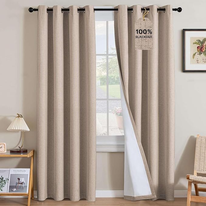 H.VERSAILTEX Linen Curtains 100% Blackout Curtains for Bedroom 84 inch Long Full Light Blocking Nature Linen Blended Window Curtains for Living Room Nickel Grommet (2 Panels, Heathered Sand)