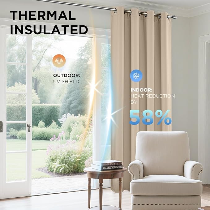 Joydeco Blackout Curtains 90 Inch Length 2 Panels Set, Thermal Insulated Long Curtains& Drapes 2 Burg, Room Darkening Grommet Drapes for Living Room Bedroom Window (W52 x L90 Inch, Light Beige)