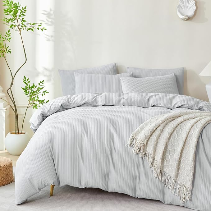 Comforter Set Queen Light Grey Striped Washed Microfiber 3 Pieces Jacquard Bedding, Grey Vertical Ticking Stripes Comforter with 2 Pillowcases, Luxury Soft Breathable Durable Comfy