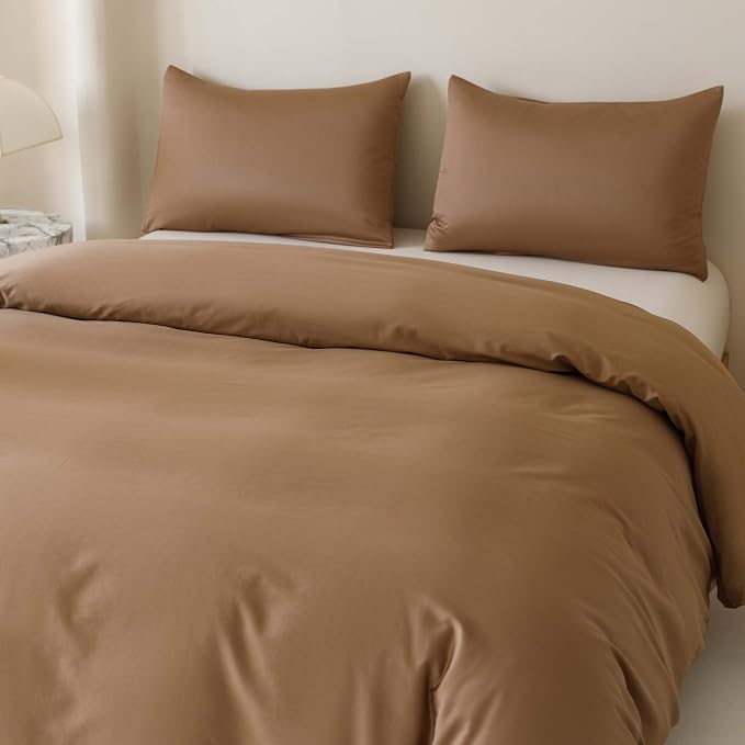 HeimenAogo Egyptian Cotton Duvet Cover King Size Sateen Weave, Silky Soft and Breathable Bedding Set with Zipper Closure, Long Staple Cotton Bed Linen Brown 3Pcs (104"×90")