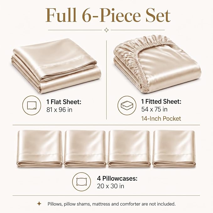 CozyLux Satin Sheets Full, 6-Piece 14-Inch Deep Pocket Sheet Set | OEKO-TEX Certified Silky Soft Sheet Set for Hair & Skin, Luxurious Silky-Smooth Satin for Elegant Bedroom Decor, Champagne