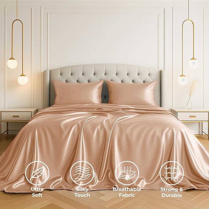 Satin Sheets King [4-Piece, Rose Gold] Hotel Luxury Silky Bed Sheets - Extra Soft 1800 Microfiber Sheet Set, Wrinkle, Fade, Stain Resistant - Deep Pocket Fitted Sheet, Flat Sheet, Pillow Cases