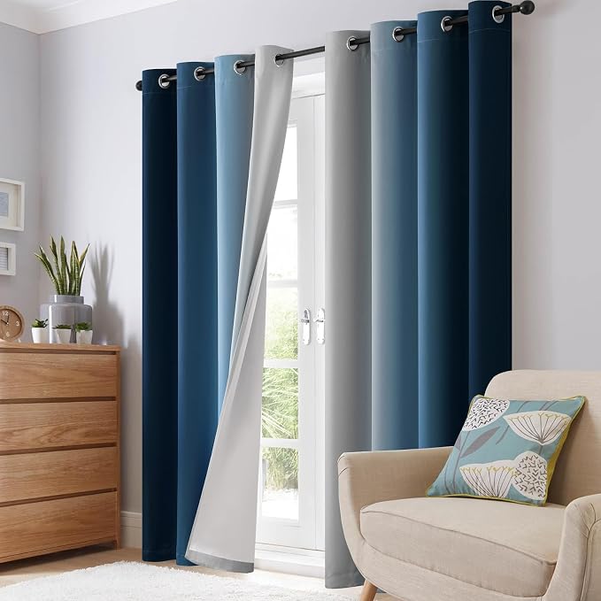 SimpleHome Ombre Blue 100% Blackout Bedroom Curtains with White Liner 84L | 84 Inches Long,Room Darkening Thermal Insulated Grommet Curtain for Living Room,Window Gradient Drapes,2 Panels Set,52Wx84L