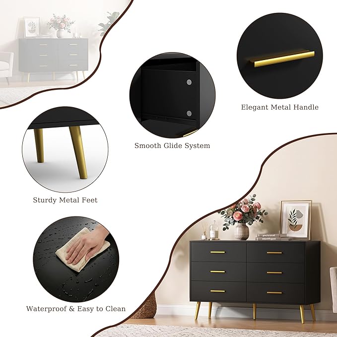 Black 6 Drawer Dresser for Bedroom, 47" Wood Dresser with Gold Handles. | Modern Dressers & Chests of Drawers for Living Room, Hallway, Entryway.