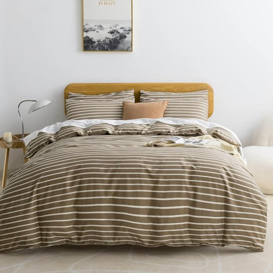 JELLYMONI 100% Cotton Wide Striped Full Duvet Cover Set, Khaki | Classic Stripes, 8 Corner Ties & Double-Head Hidden Zipper, Breathable and Soft, For Guest Room
